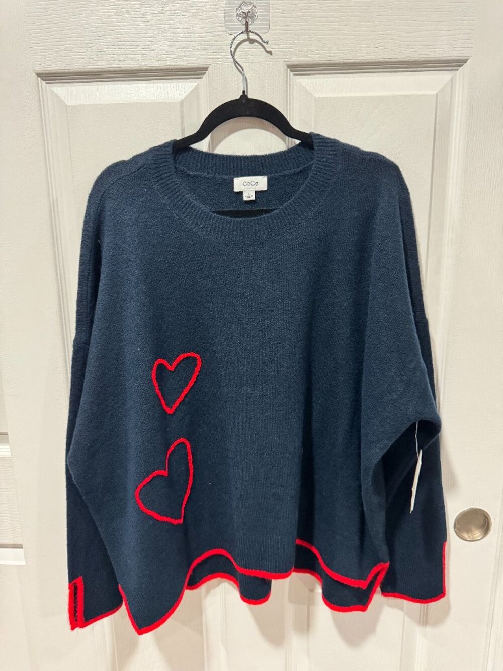 Cece women's navy heart sweater XL red trim knit pullover NWT